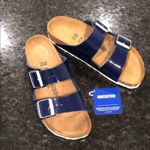 Birkenstock Arizona sandals, blue patent, NWT